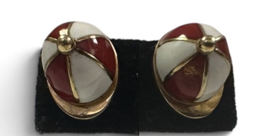 18k Enamel Earrings Jockey Caps Red and White Great Looking Chunky Yellow Gold